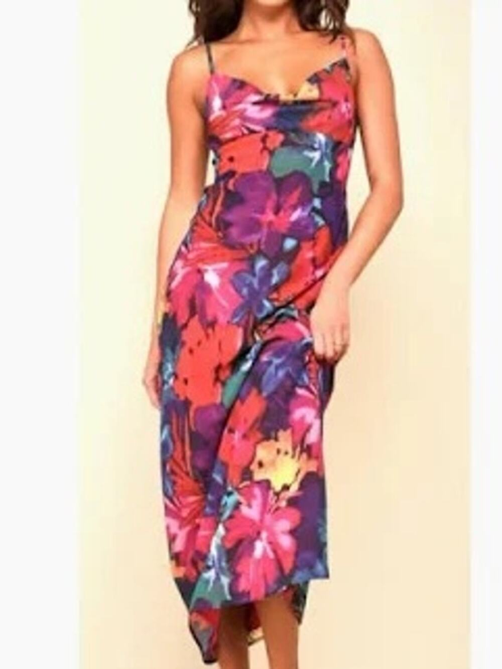 Lulus Cowl Neck Slip Dress Abstract Floral Summer Vacation Maxi Slinky Women XL